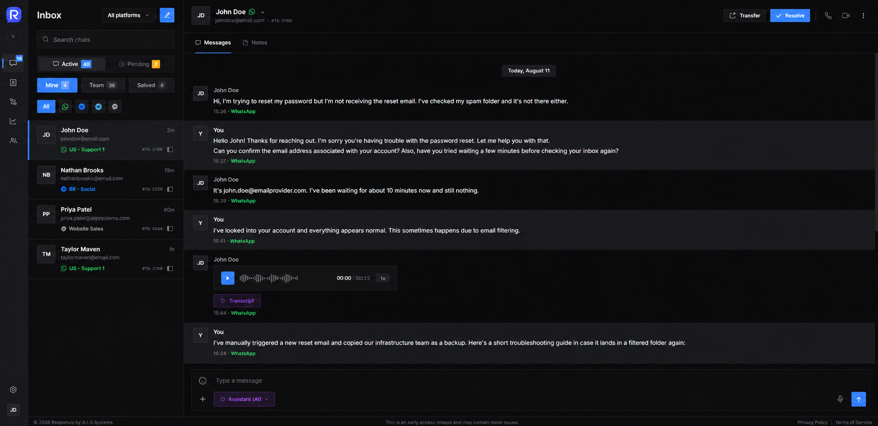 The Responvia inbox. A conversation list on the left shows threads from WhatsApp, Messenger and Telegram with ticket numbers and platform labels; the open conversation on the right is a WhatsApp thread about a password reset, including a voice note with a transcript button and a composer with an AI assistant control.
